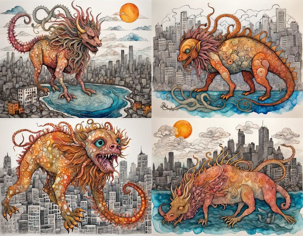 Surrealist Chimera in Dilapidated Japanese Cityscape