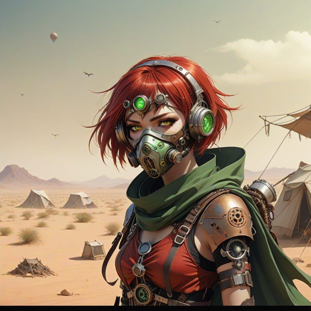 Steampunk Cyborg Mage in Barren Desert, Anime Art