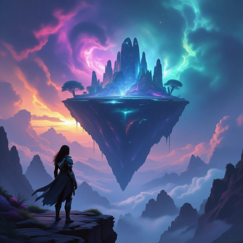 Explorer on Crystalline Island Overlooking Cosmic Nebula