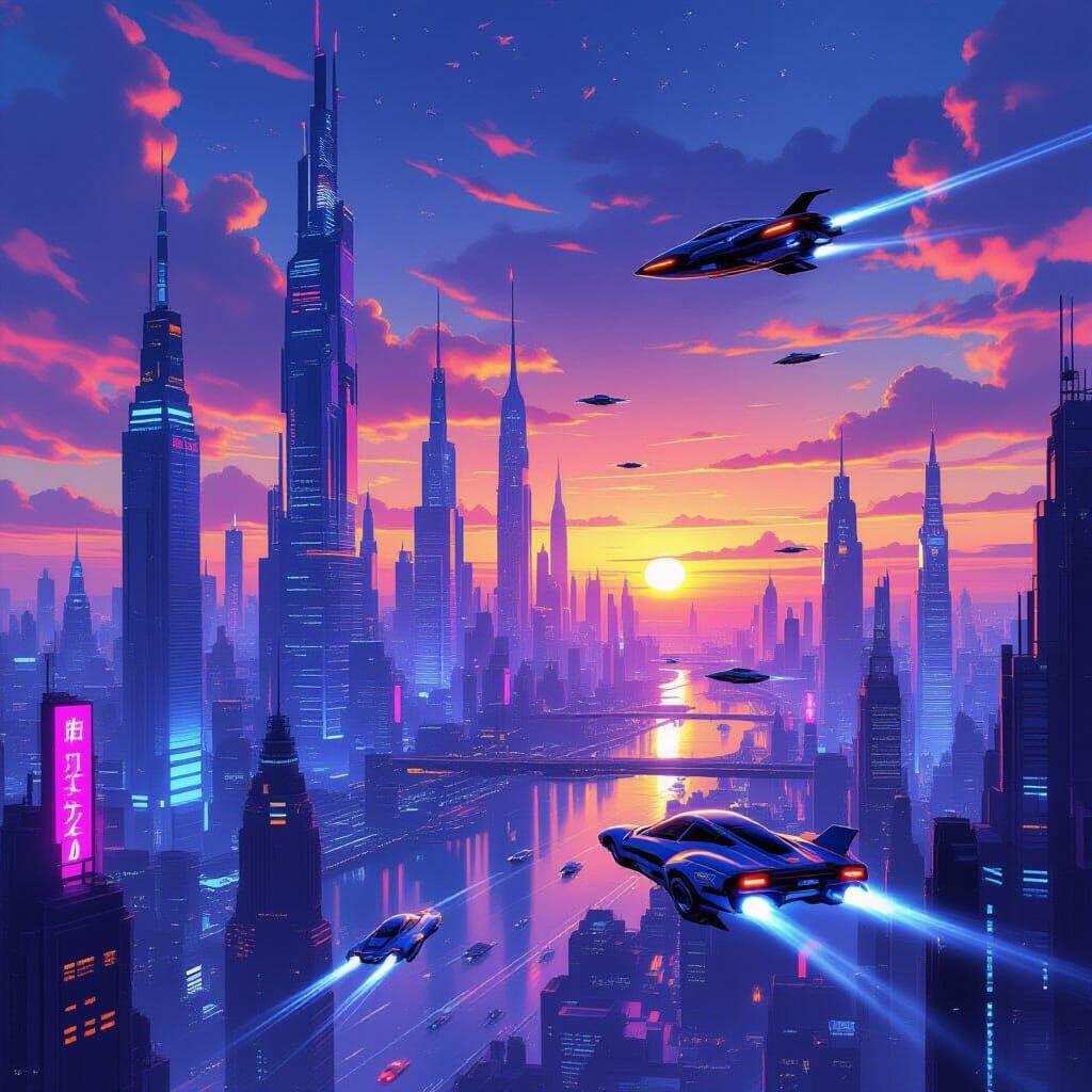 Futuristic Cityscape at Sunset with Flying Cars