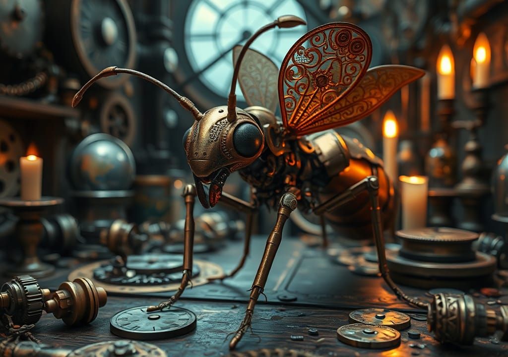 Steampunk Mechanical Ant in Laboratory Setting