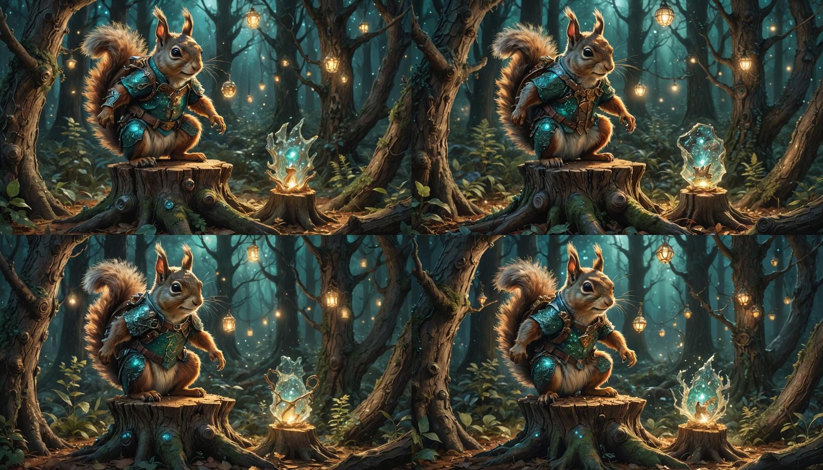 Armored Squirrel Gripping Treasure in Enchanted Forest