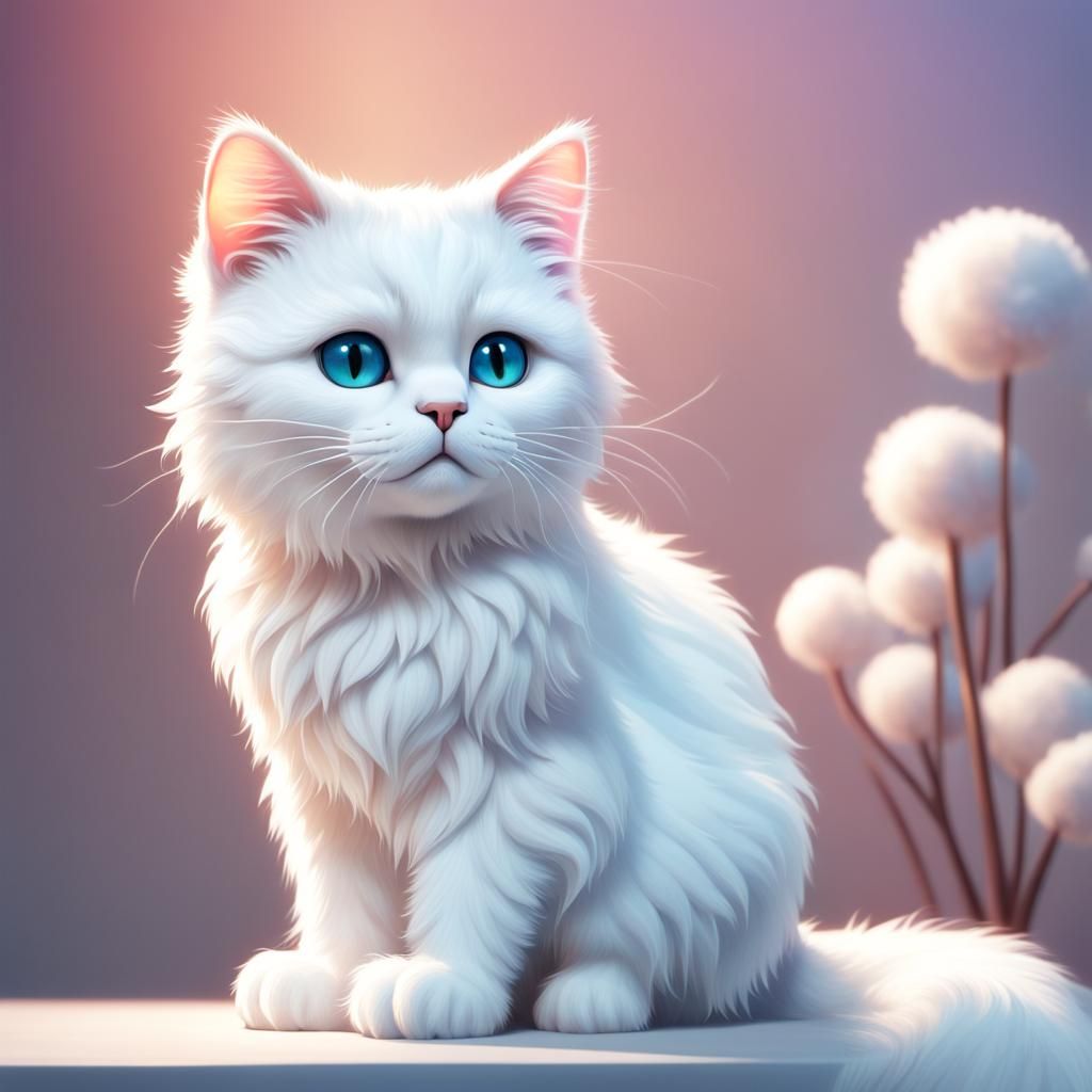 Fluffy White Cat in 3D Digital Art