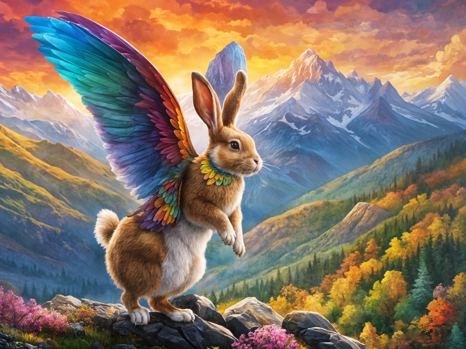 Majestic Flying Rabbit Soaring Over Mountains