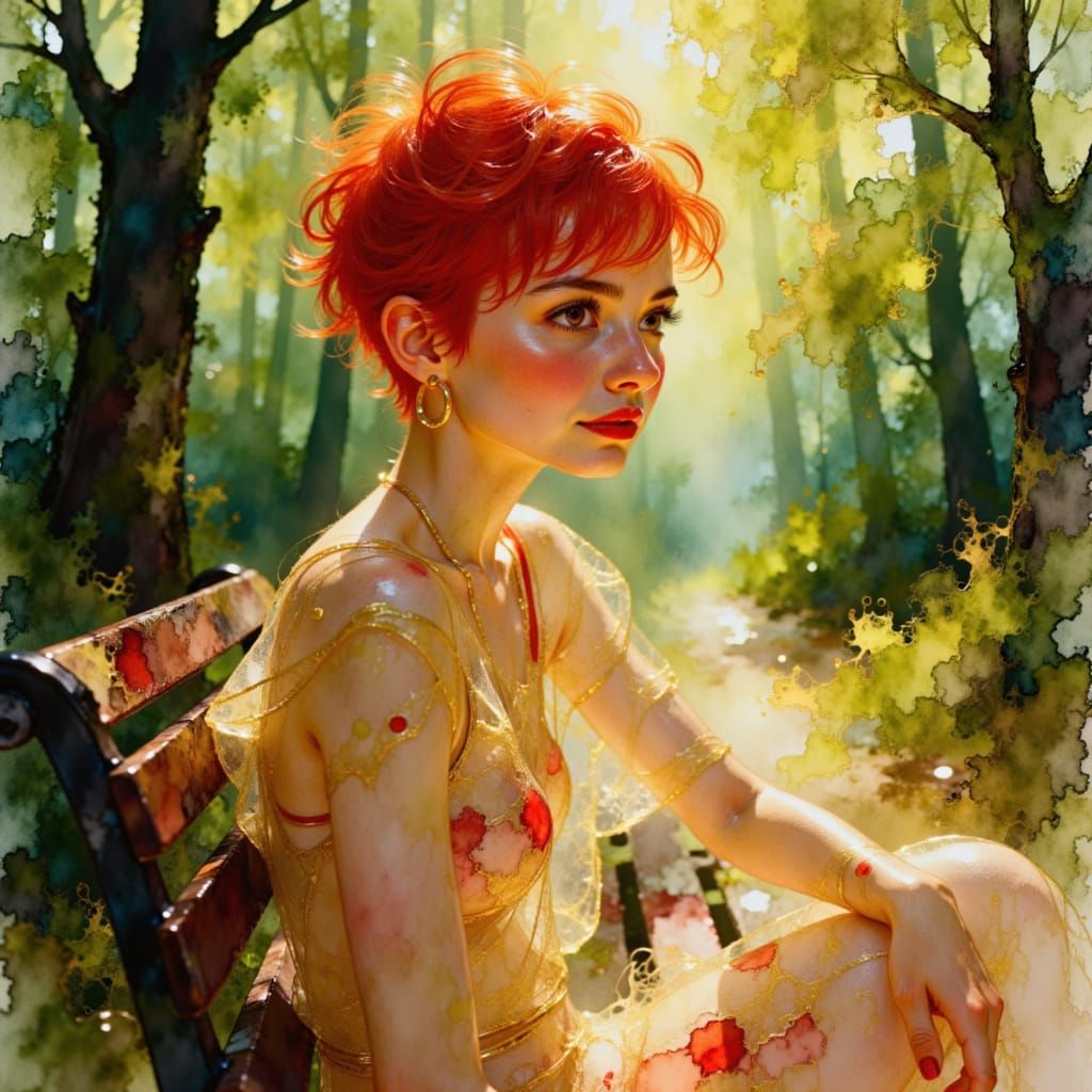 Impressionist Oil Painting of Woman on Park Bench