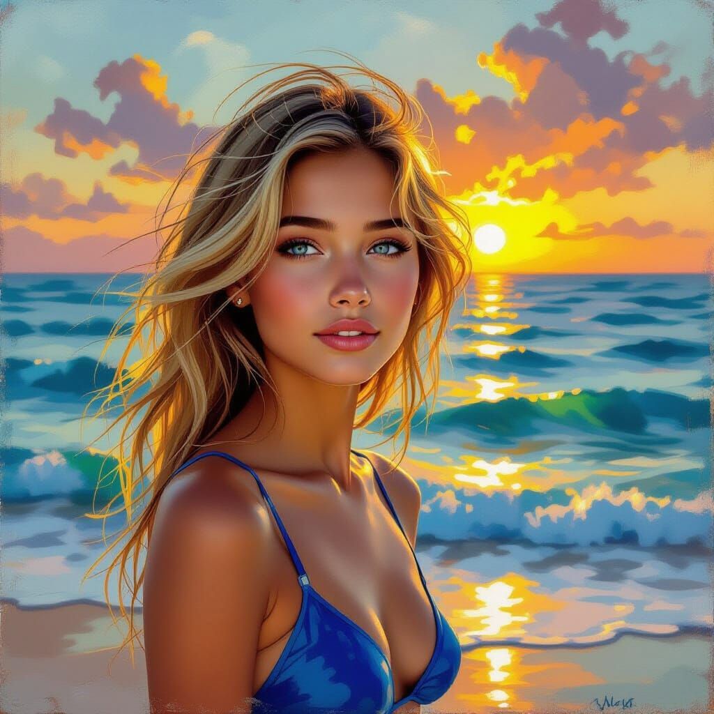 Teenage Girl by Ocean at Sunset, Oil Painting Style