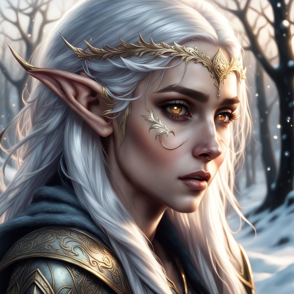 Ethereal Winter Eladrin Elf with Golden Eyes