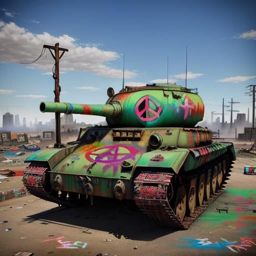 Colorful Peace Symbol Graffiti on Rusty Tank