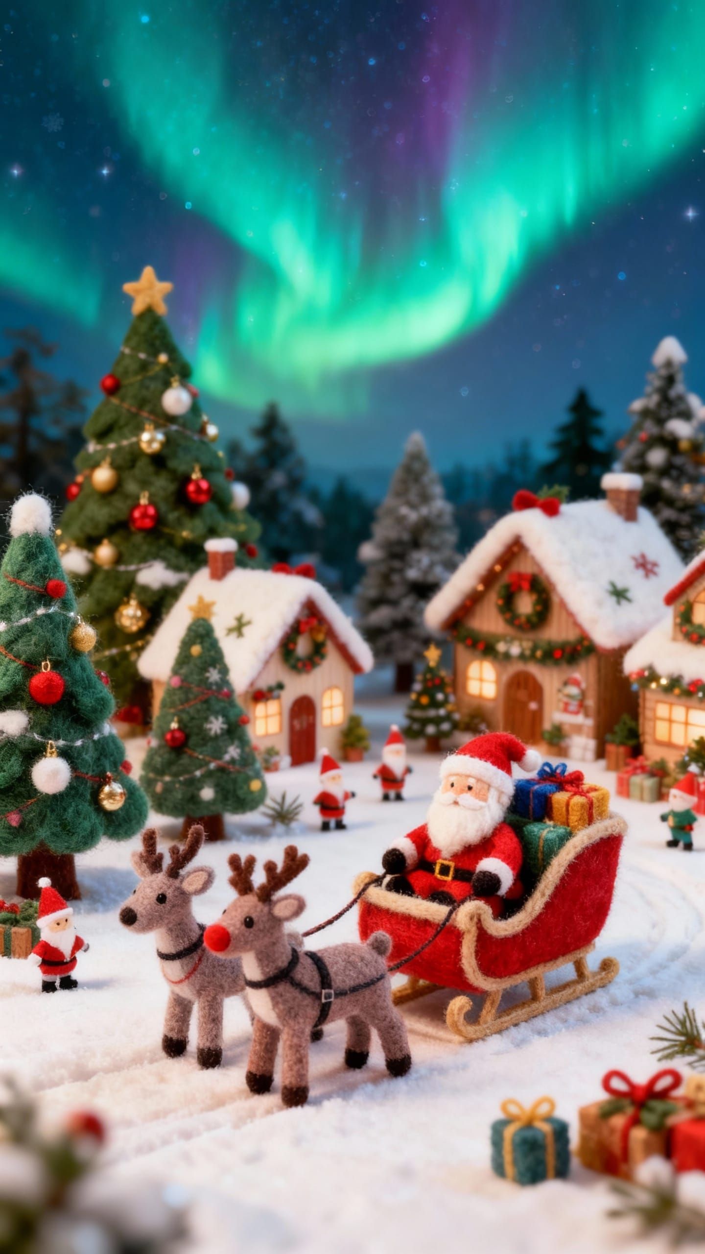 Miniature Felt Santa Village with Northern Lights