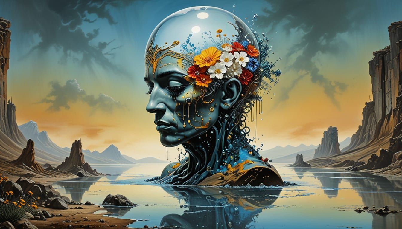 Hyperrealistic Art Nouveau Landscape with Crystal Vase