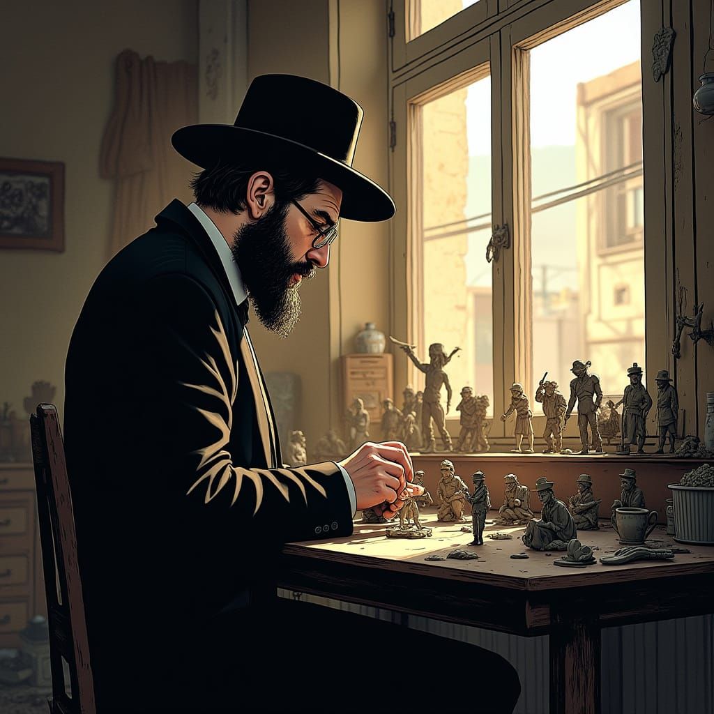 Hasidic Man Sculpting Clay Figures in Comic Style