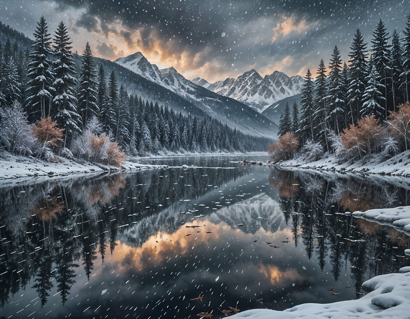 Surreal Snowy Landscape with Frosty Mountains and Cracking L...