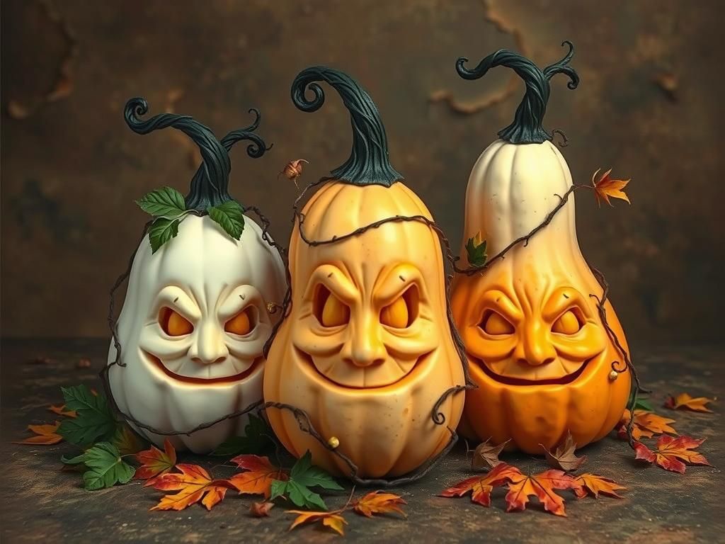 Ornate Halloween Gourds with Witches' Faces