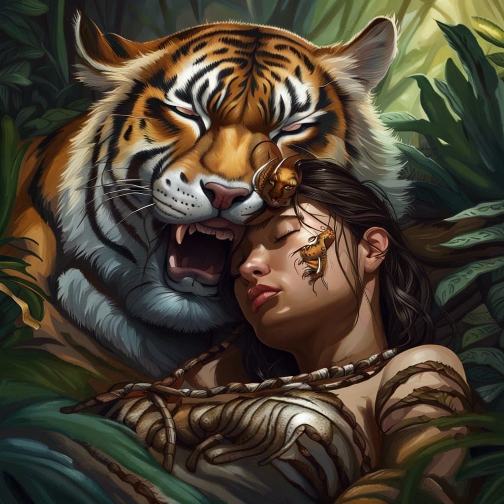 Sleeping Warrior Princess with Tiger in Jungle