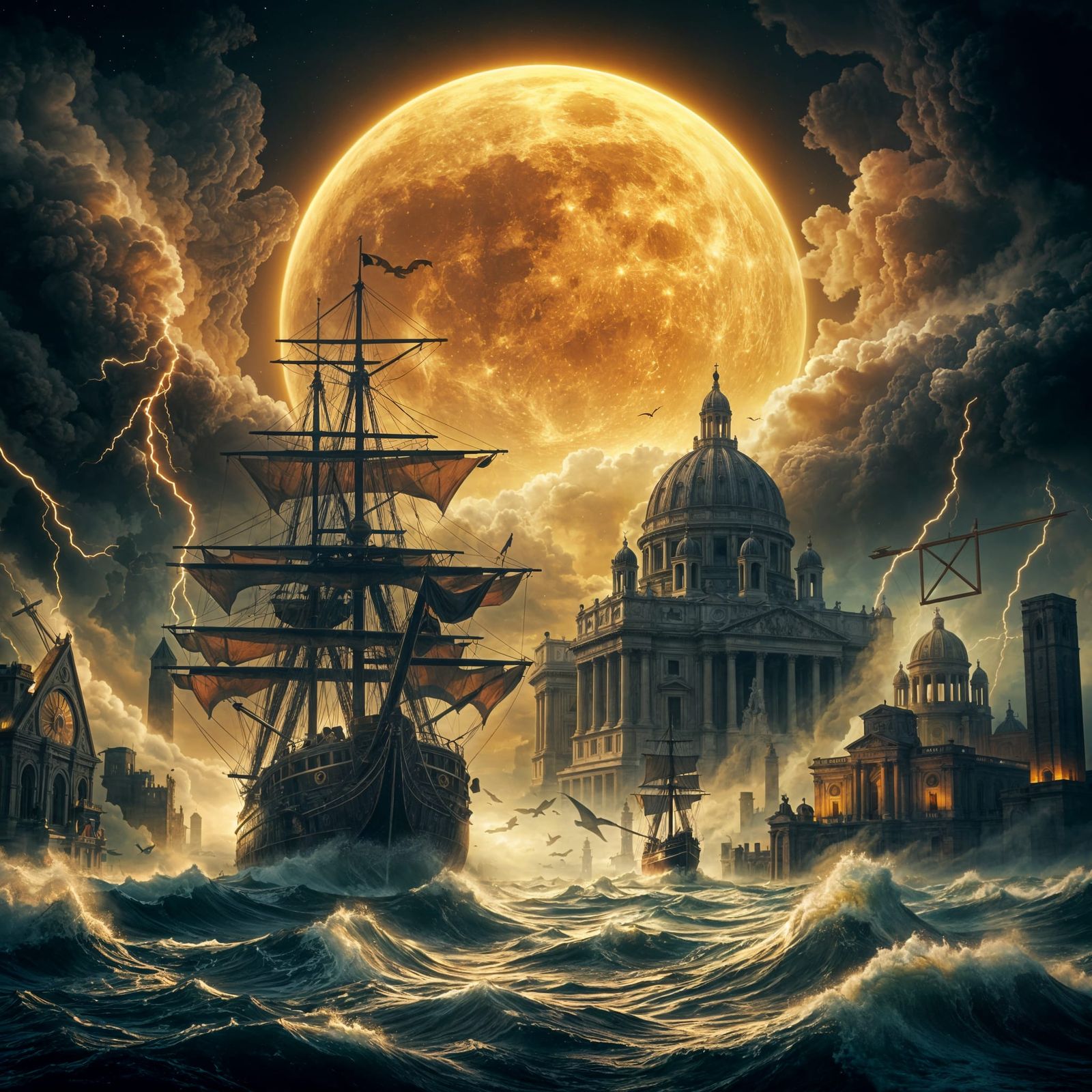 HMS Victory Navigates Submerged Vatican Under Golden Moon