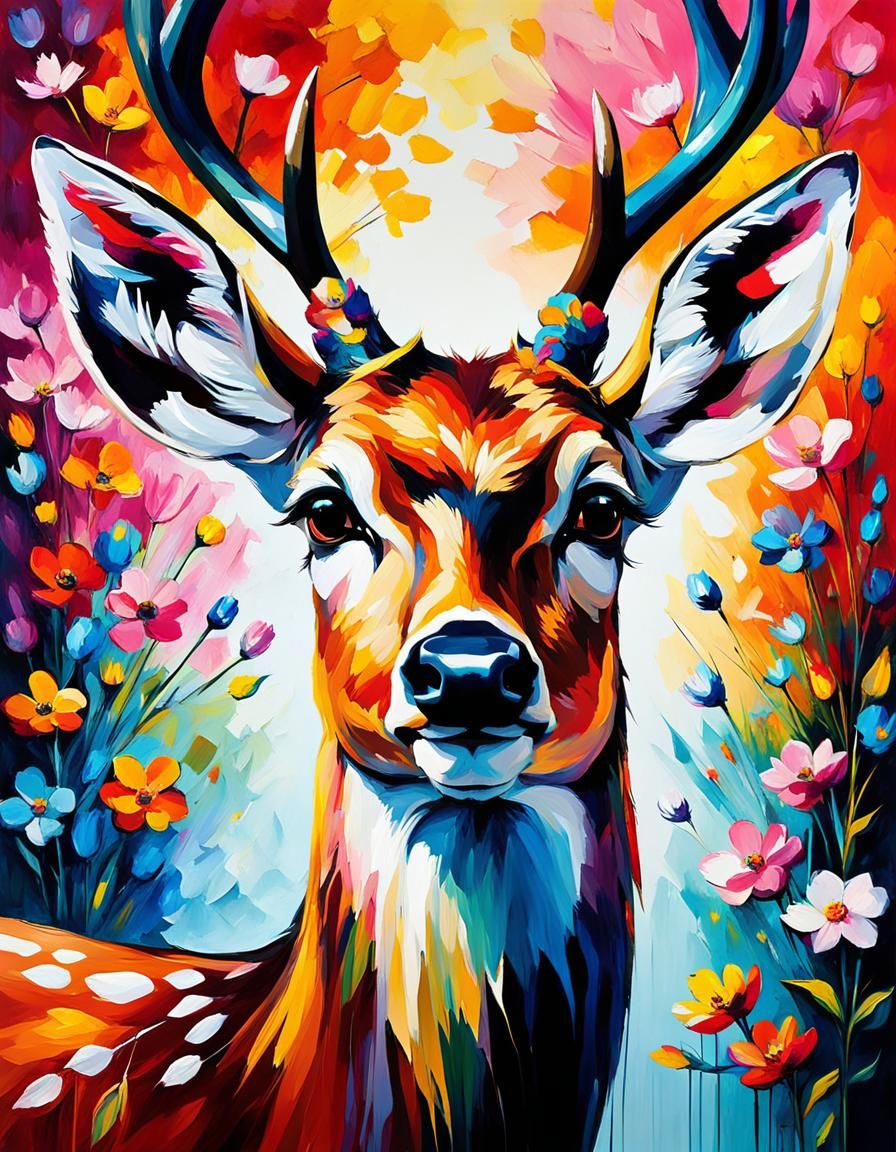 Colorful Deer Portrait with Floral Antlers as Impasto Painti...