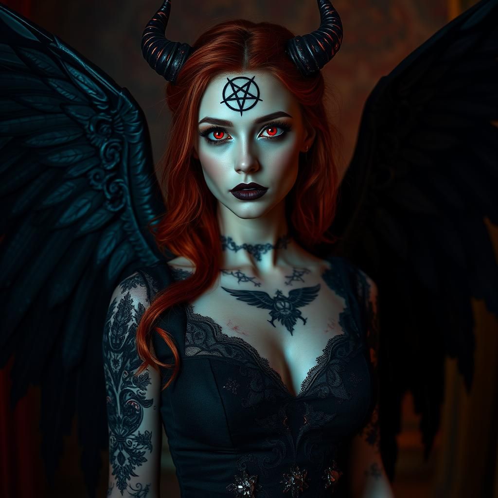 Dark Angel Woman with Red Hair in Gothic Horror Style