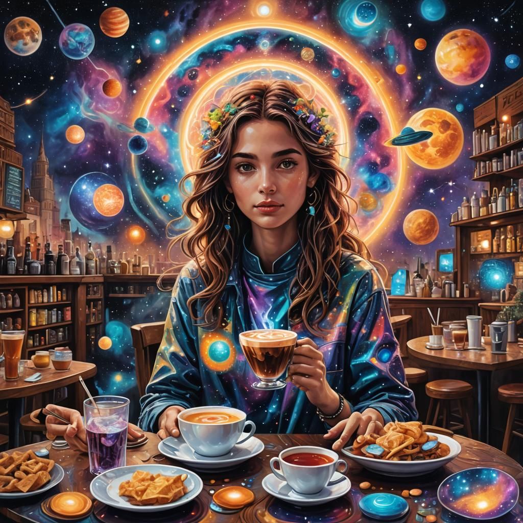 Astral Cafe: Holographic Cosmic Illustration
