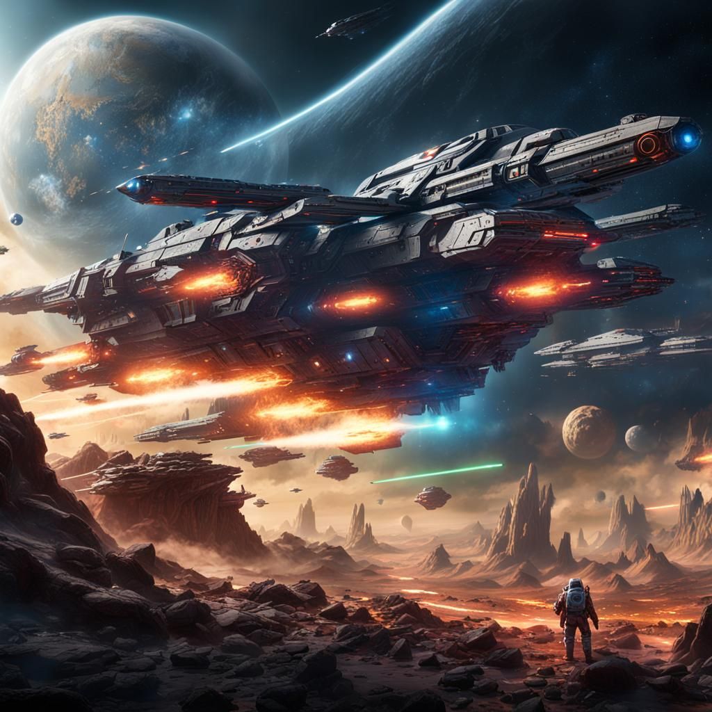 Epic Space Battle Scene in a Matte Painting Style