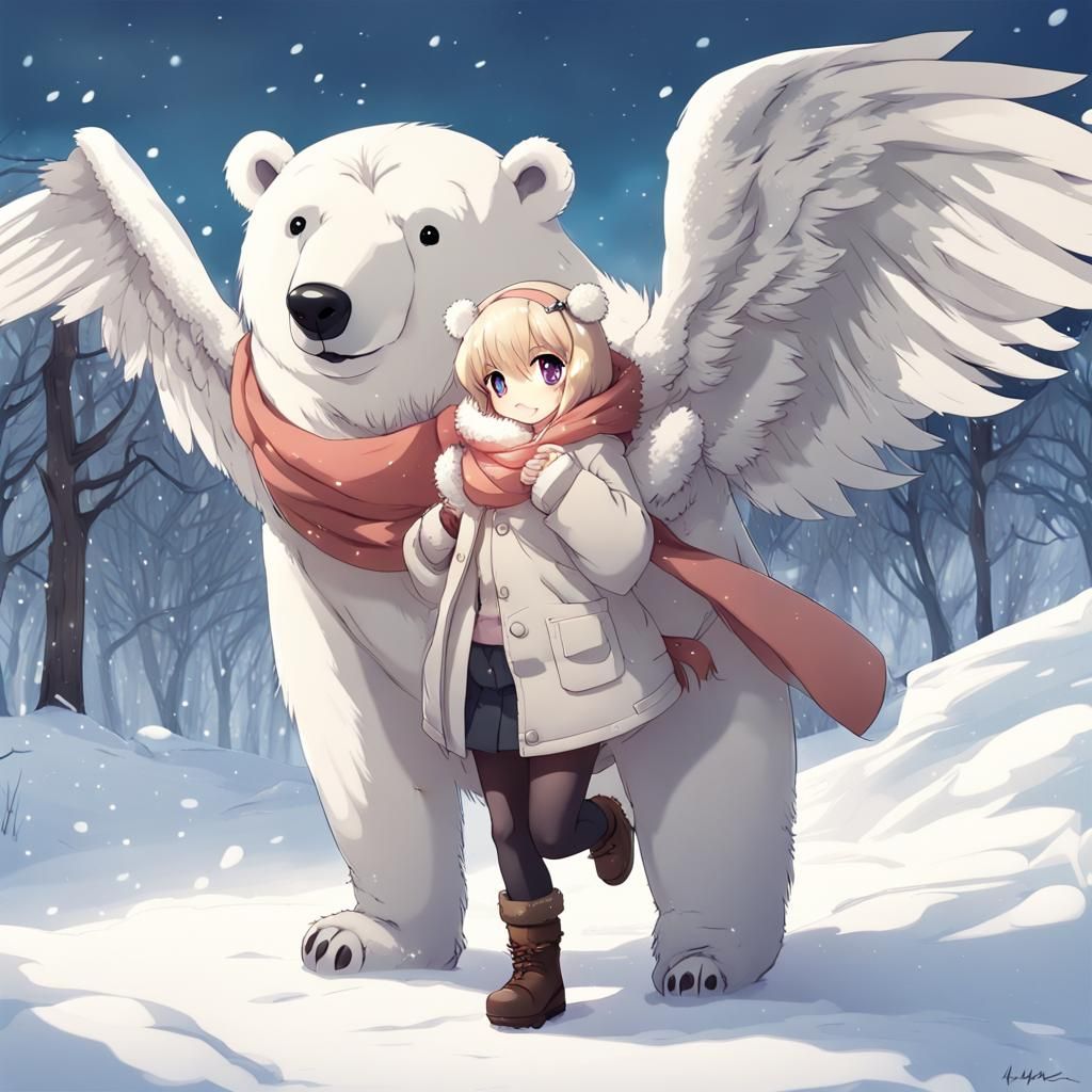 Winged Polar Bear Girl in Snowy Anime Art