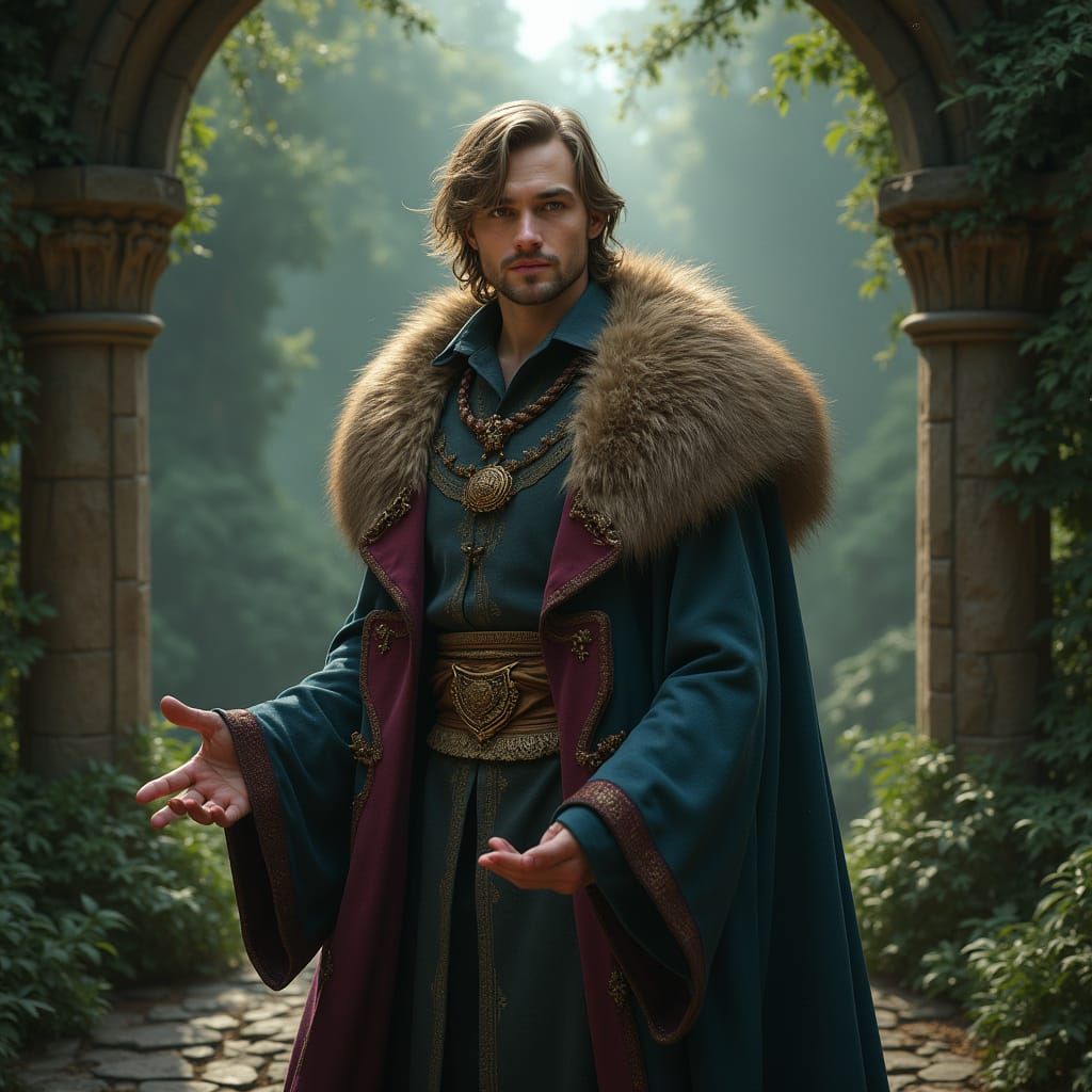 Magical Man in Castle with Shimmering Cloak