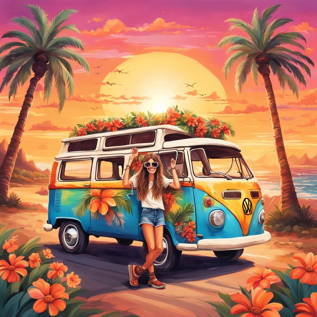 Hippy Girl Driving VW Van at Sunset