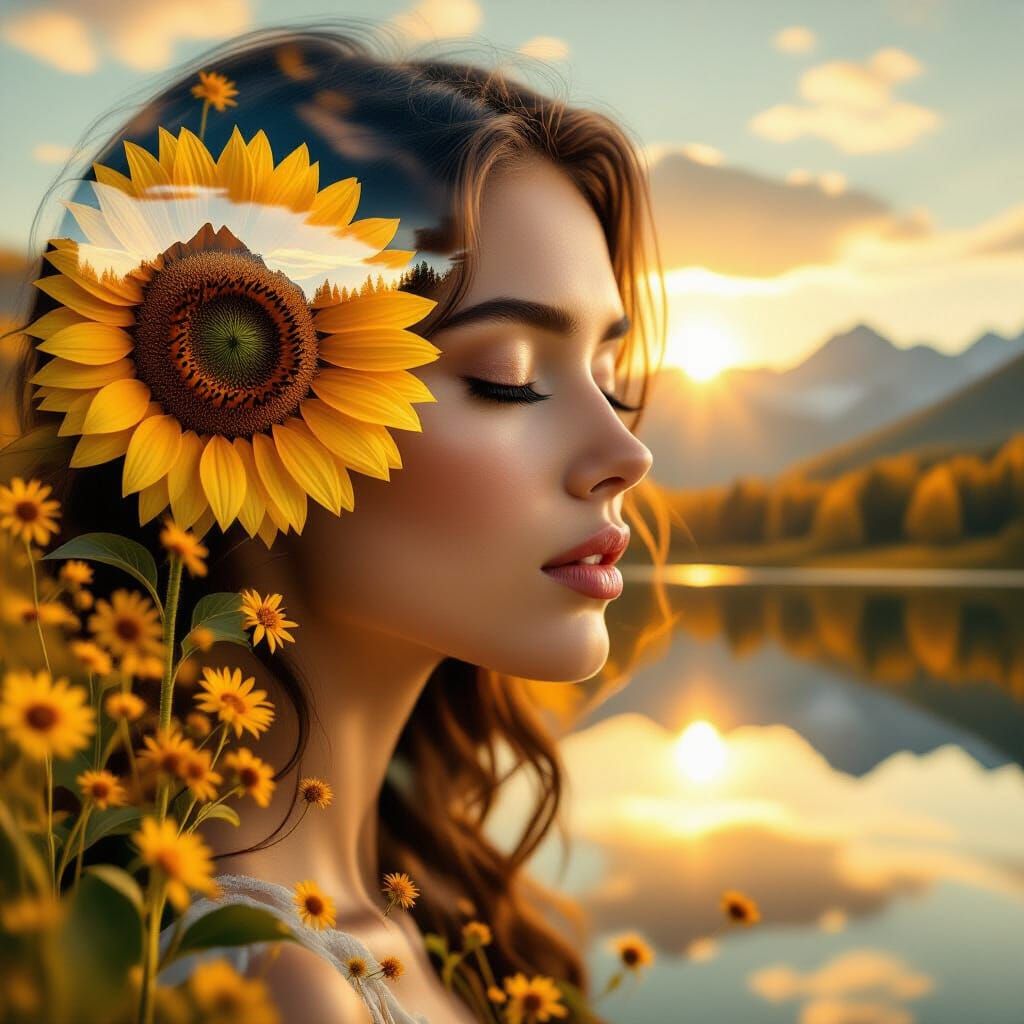 Surreal Woman Portrait Blending into Golden Sunflower Field