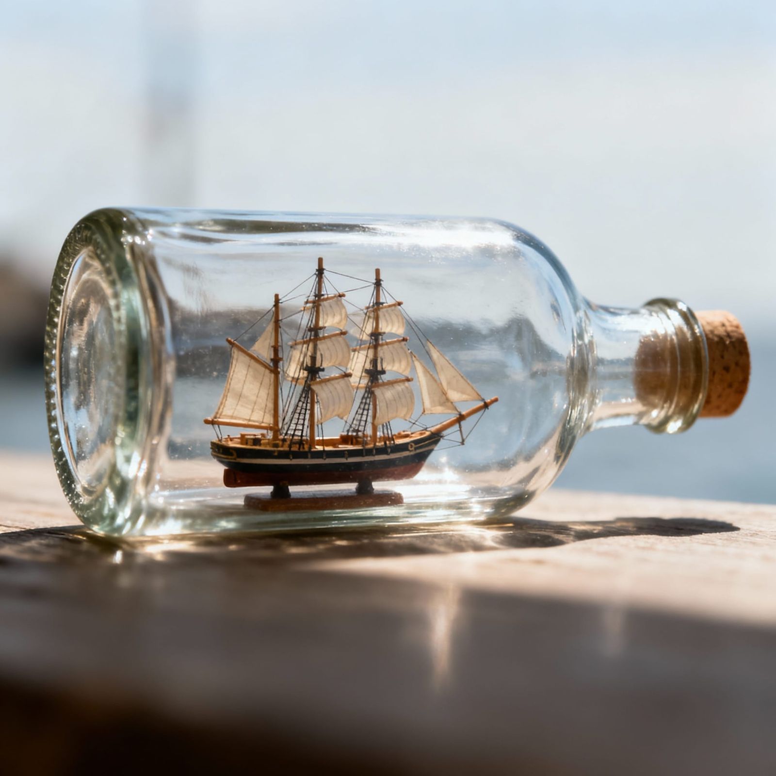 A tiny model of a clipper ship in a stout clear bottle on it...