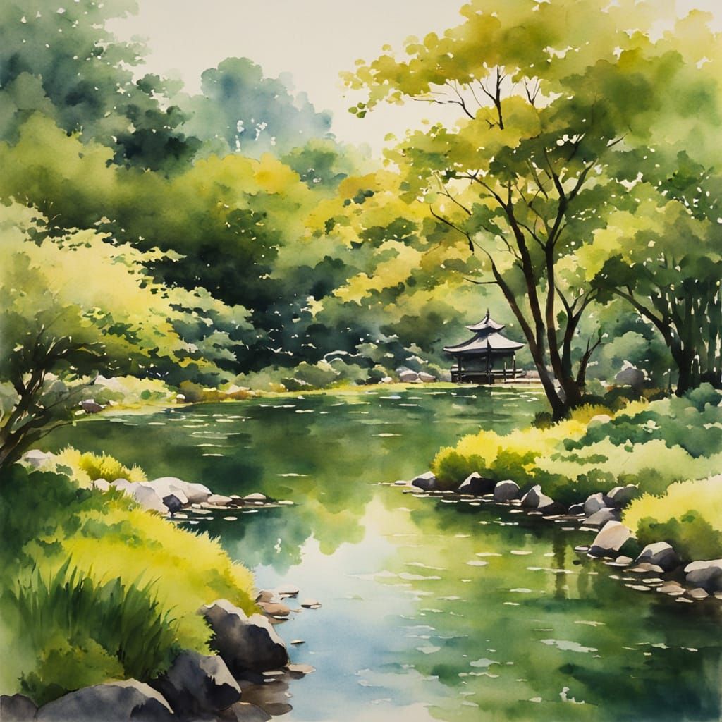 Serene Japanese Garden Watercolour Painting