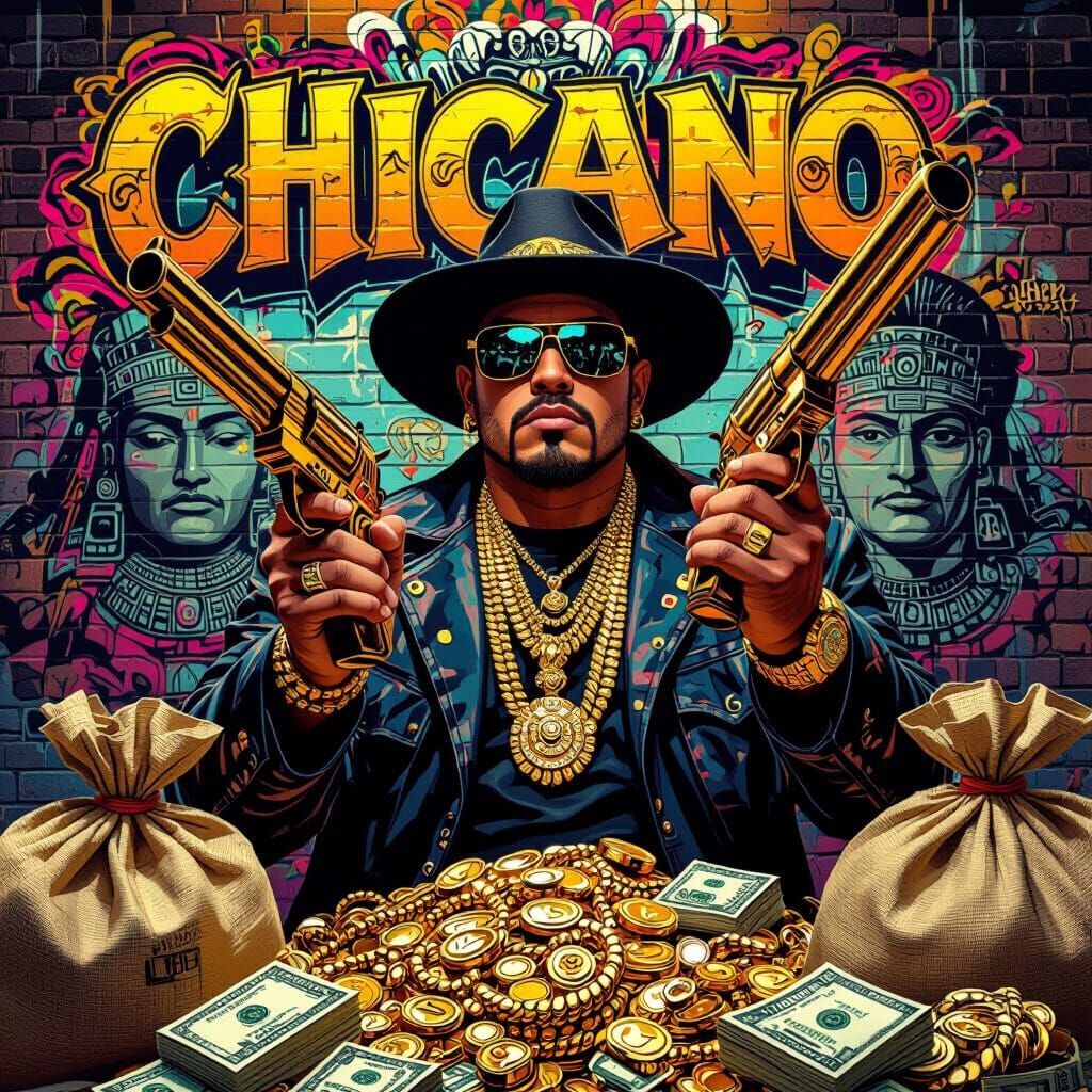 Chicano Gangster with Gold Shotgun and Aztec Art