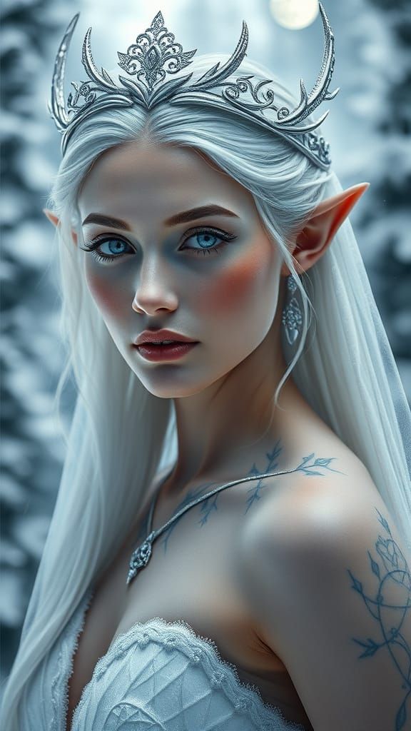Ethereal Elven Queen in Snow-Kissed Nordic Highlands
