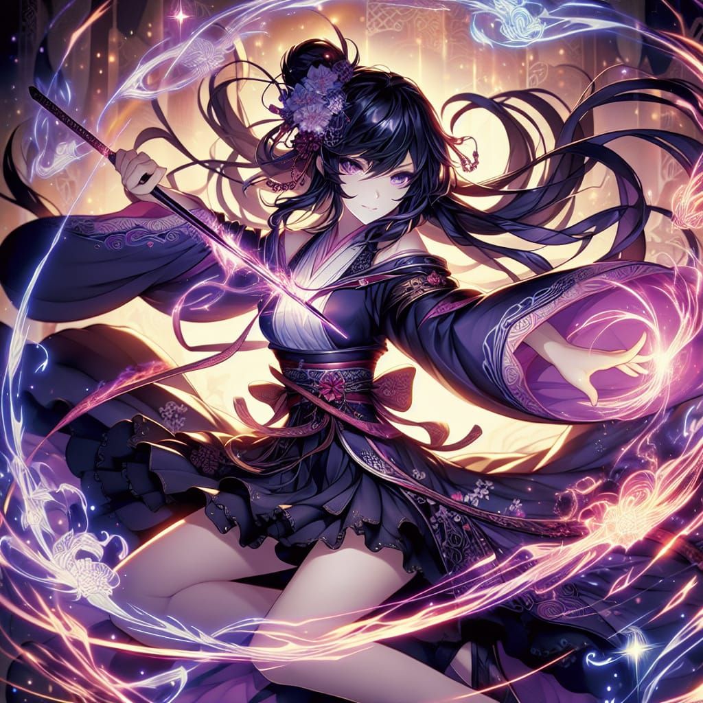 Anime Woman Wielding Dark Magic in Romantic Light