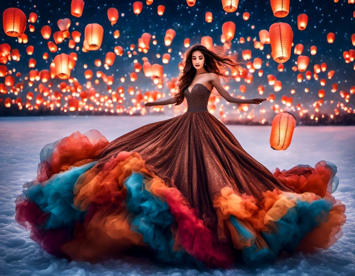 A fantasy photo of a girl with long wavy brown hair in a magnificent massive colorful flowing long layered ball gown , p...