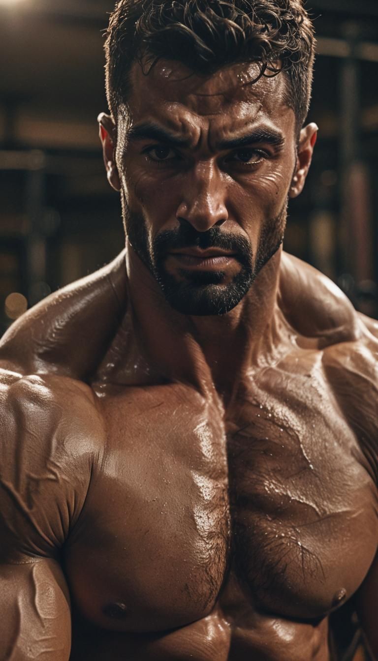 Cinematic Close-Up: Arab Bodybuilder in Gym