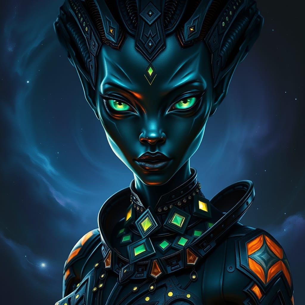 Black Alien Woman with Luminous Emerald Eyes in Cosmic Vista
