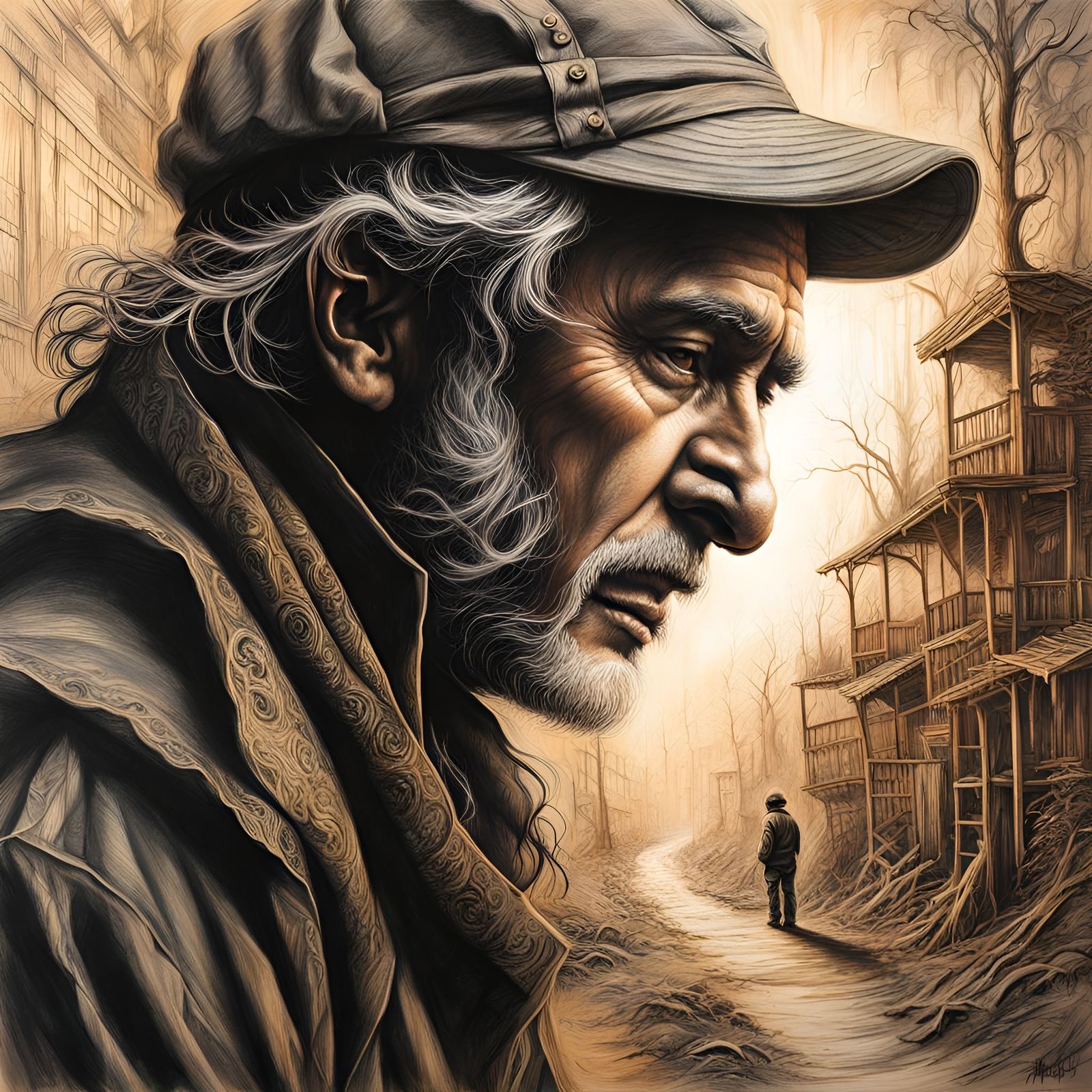 Lonely Man's Shadow in Charcoal with Volumetric Lighting