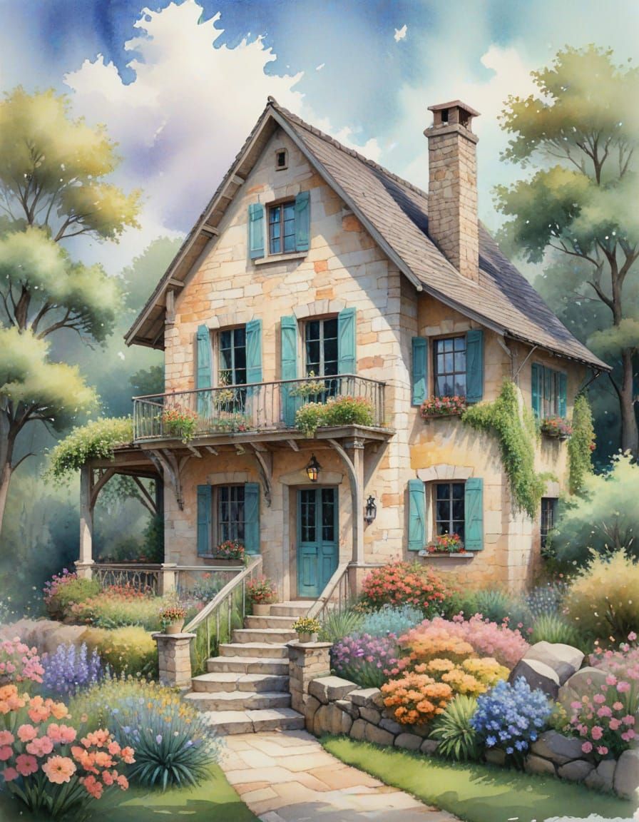 Picturesque Watercolor Stone House with Lush Gardens
