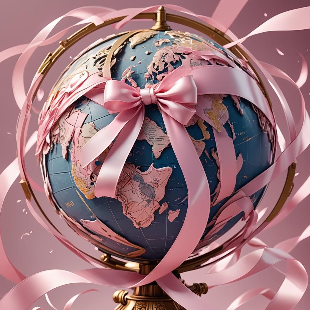 Pink Ribbon Globe in Hyper-Realistic Anime Style