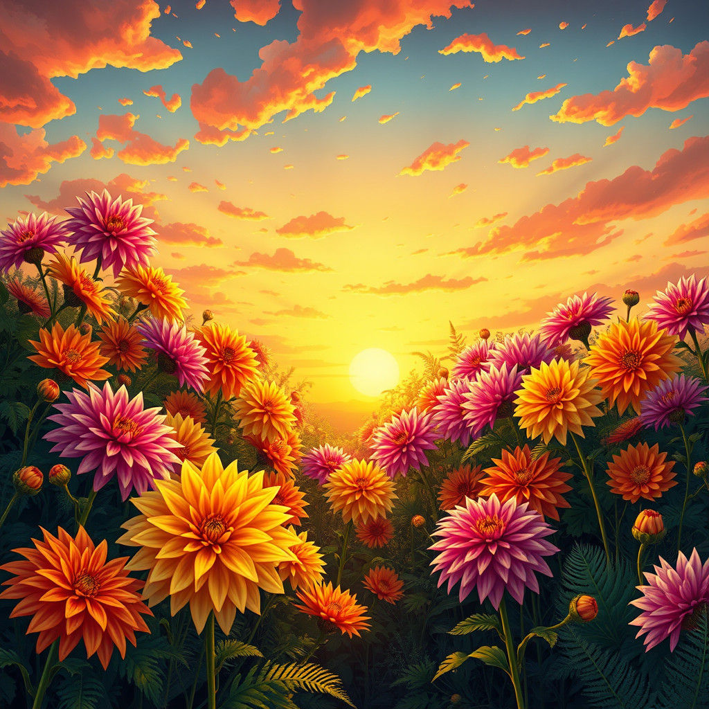 Whimsical Dahlia Garden in Dreamlike Pop Surrealism