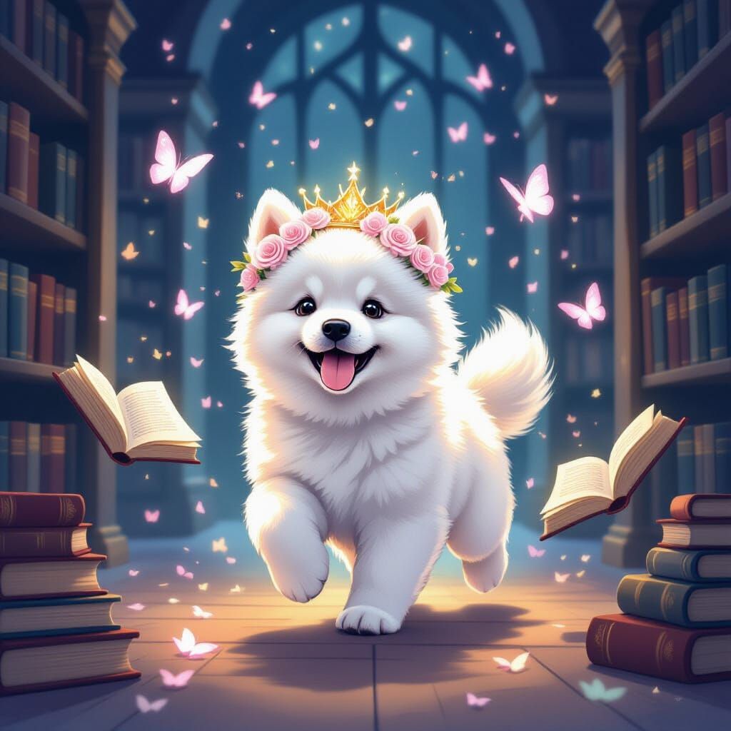 Samoyed Puppy with Spirit Roses in Magical Library