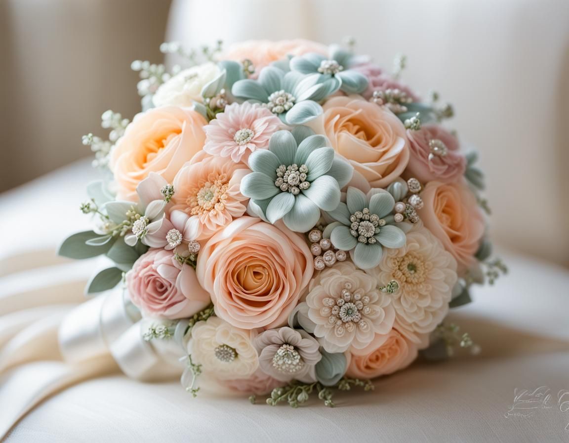 Elegant Embroidered Bridal Bouquet in Pastel Hues