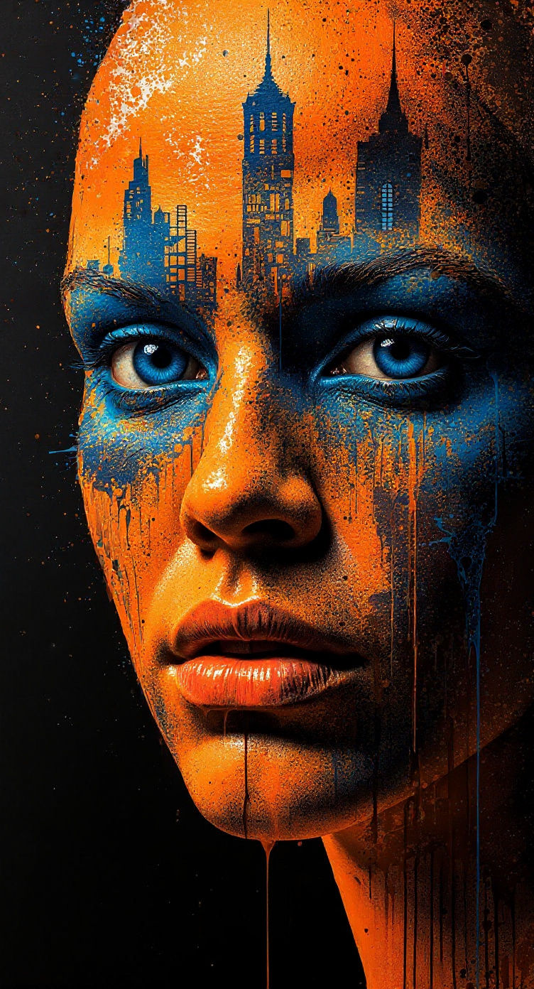Surreal Face of Orange Paint Splatter
