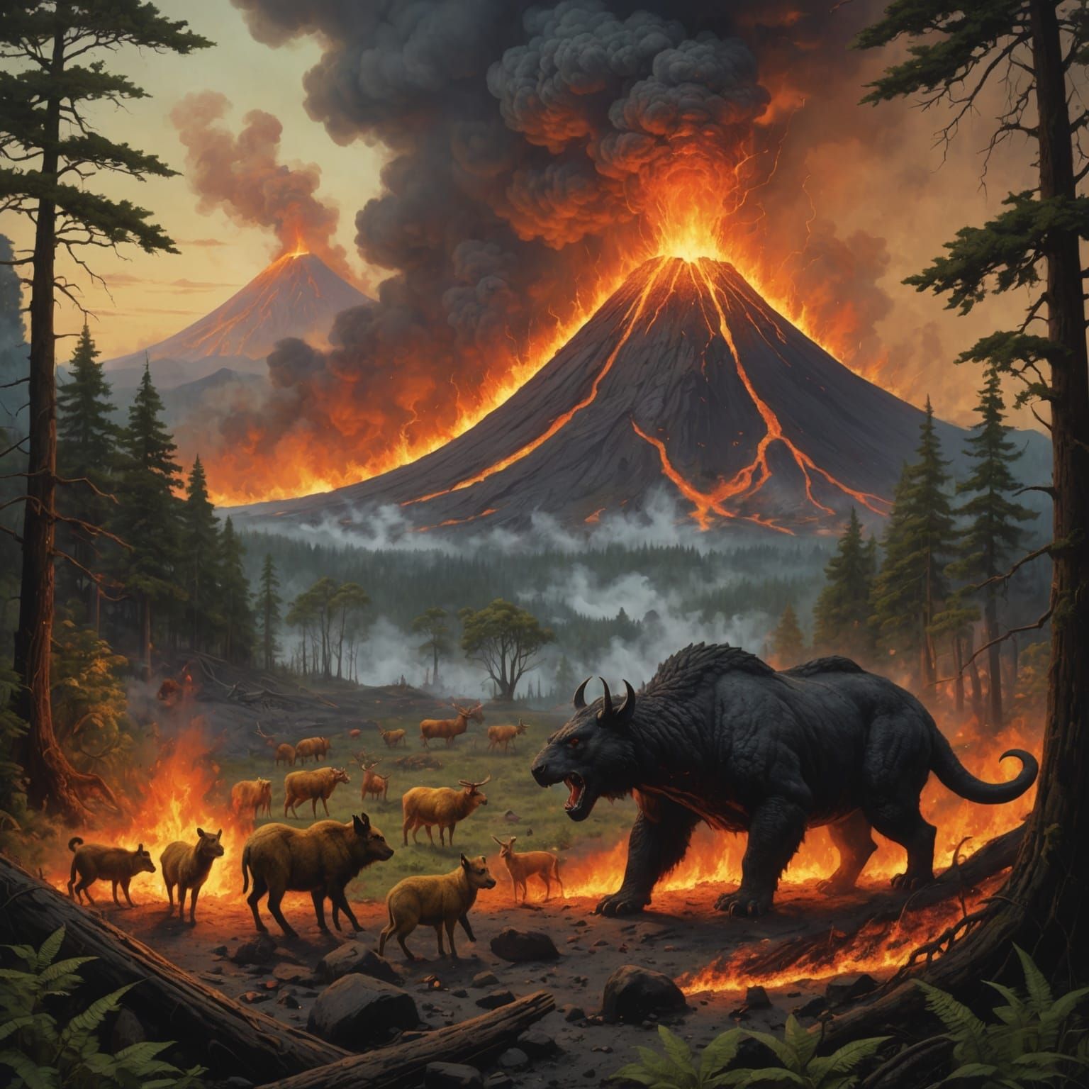 Volcano Eruption and Fleeing Animals in Romantic Style