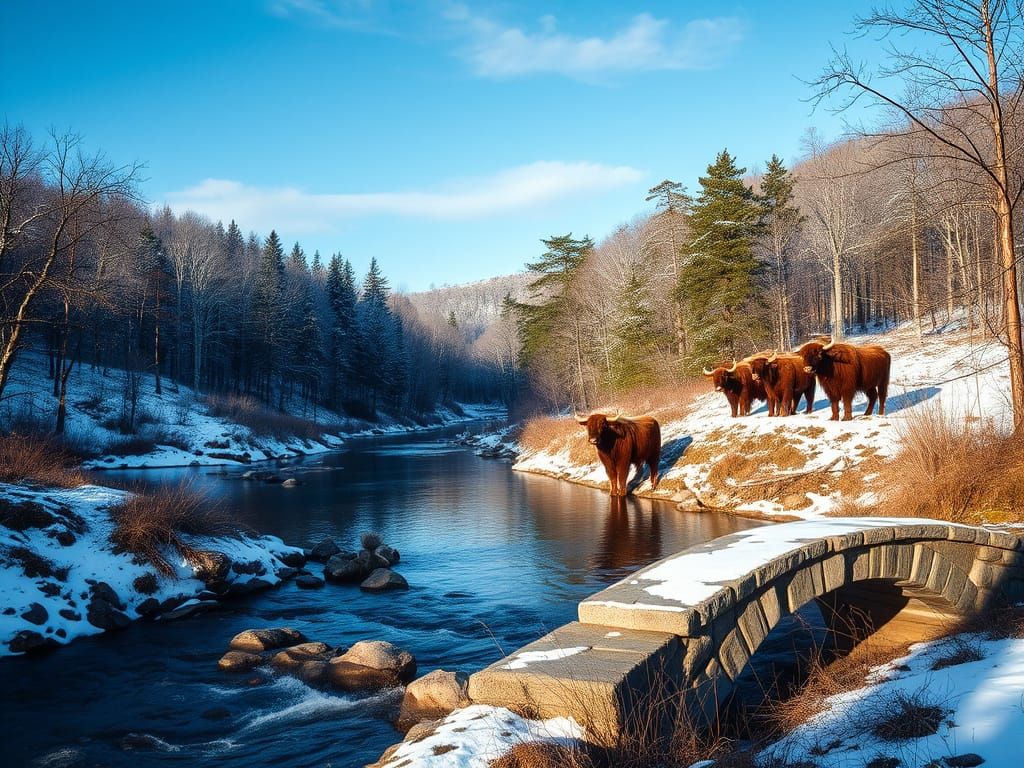 Winter Aurochs by Sunlit Forest Lake