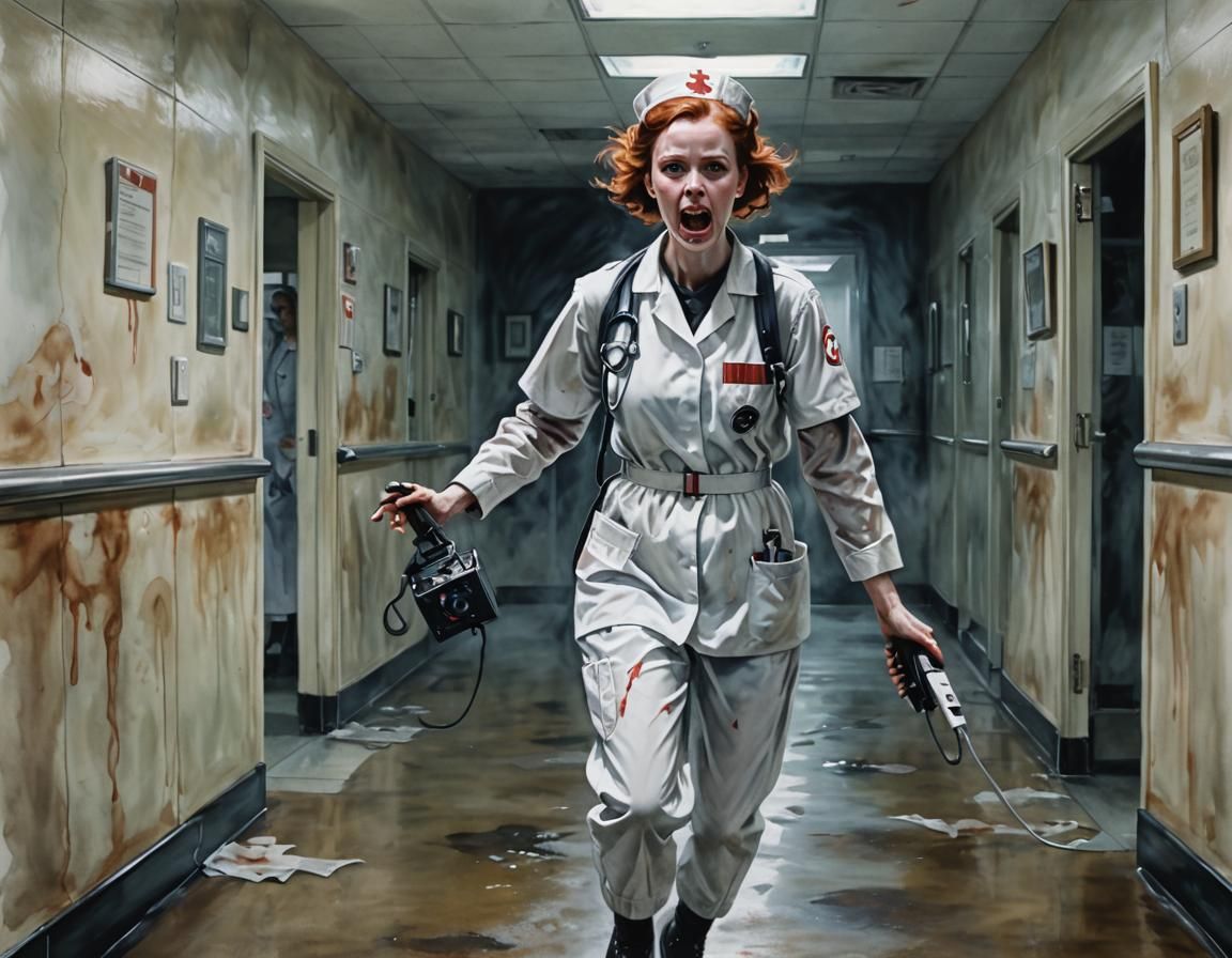 Slime-Covered Nurse Chased by Ghost in Watercolor