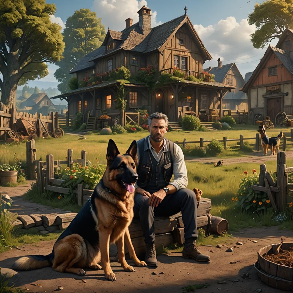 Man and Dog at Farmhouse: Detailed Matte Painting