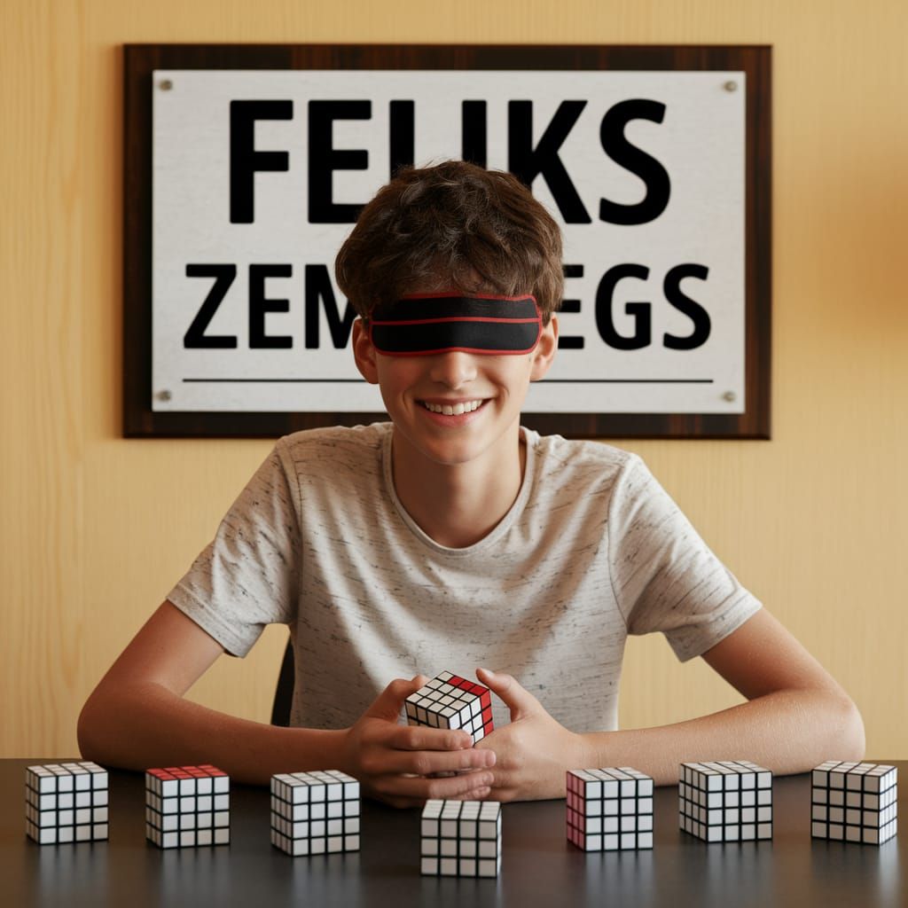 Teenager with Rubik's Cubes in Warmly Lit Room