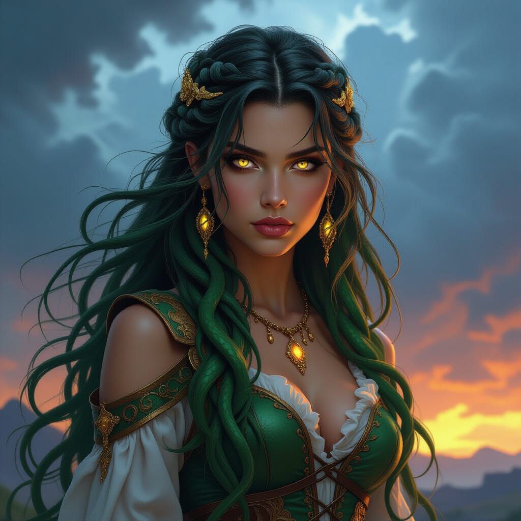 Fantasy Medusa Woman with Snake Hair and Stormy Sky