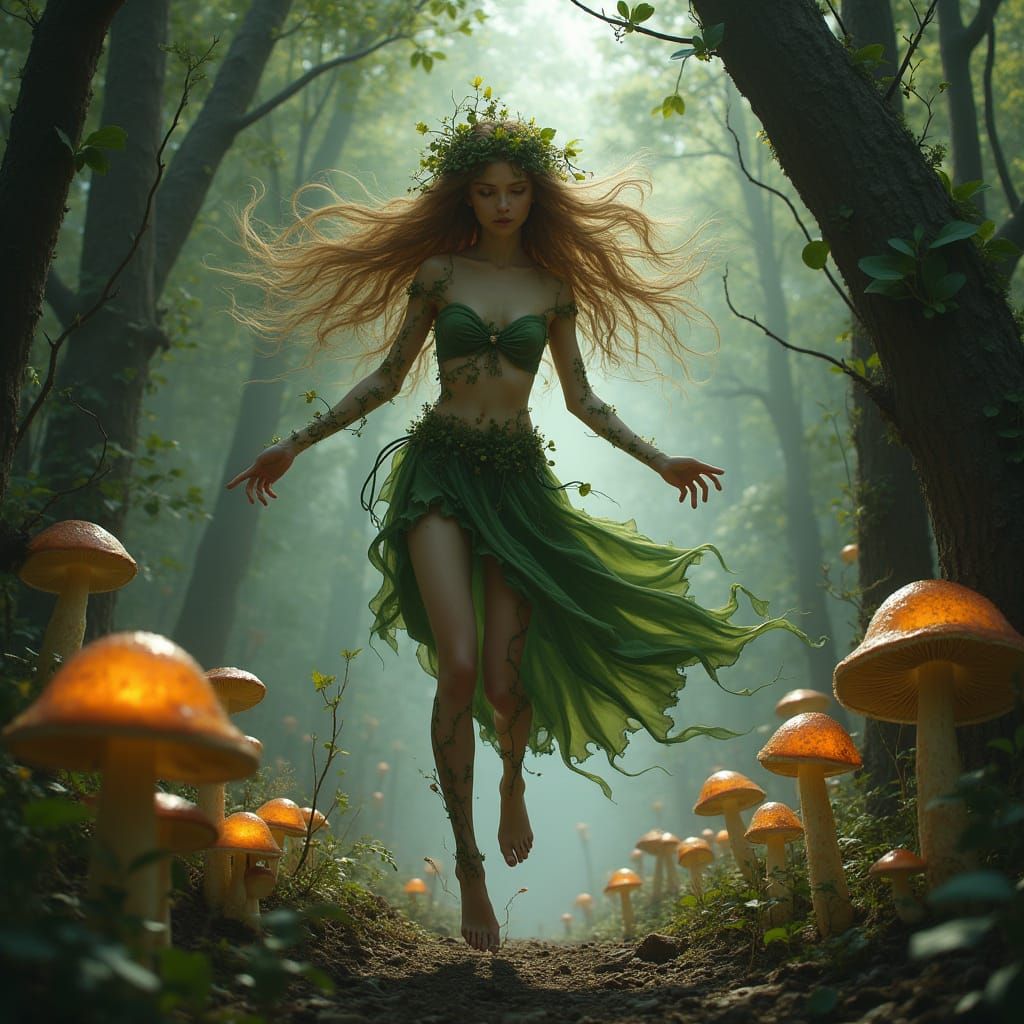 Enchanting Forest Spirit Dance in Dark Fantasy Style