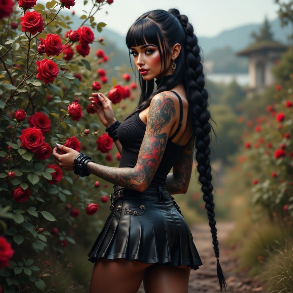 Muscular Goth Woman Picks Rose in Photorealistic Style